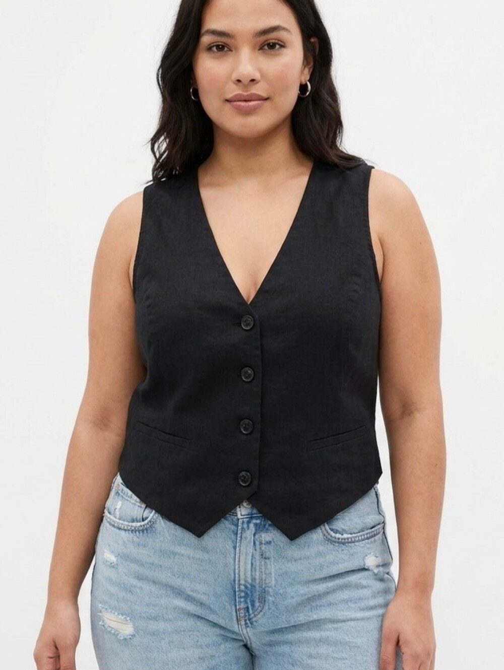 Gap Linen Blend Button-Front Tailored Waistcoat Vest Black Medium